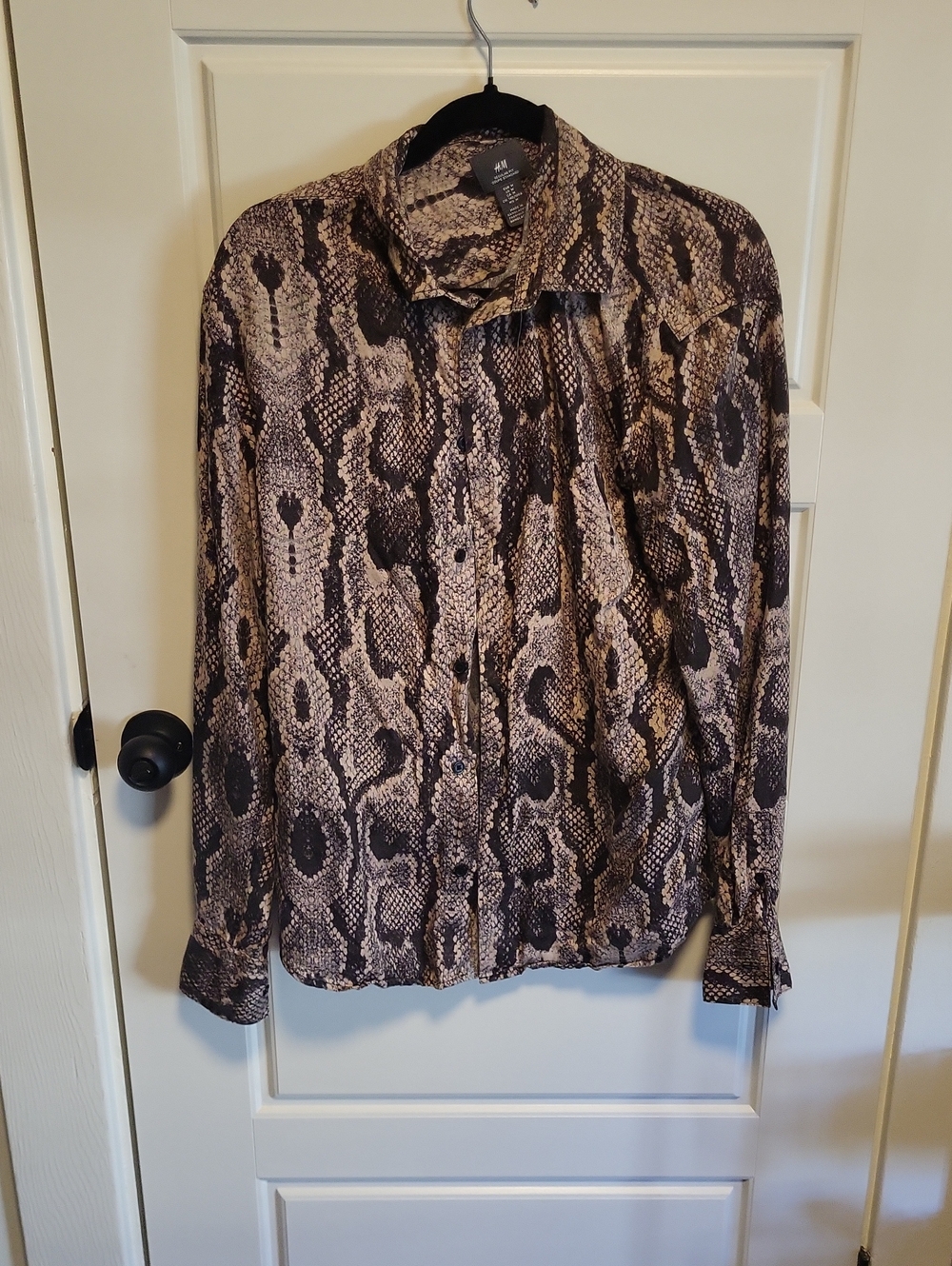 H&M Men's Snake-Print Button-Down Shirt in Brown and Black